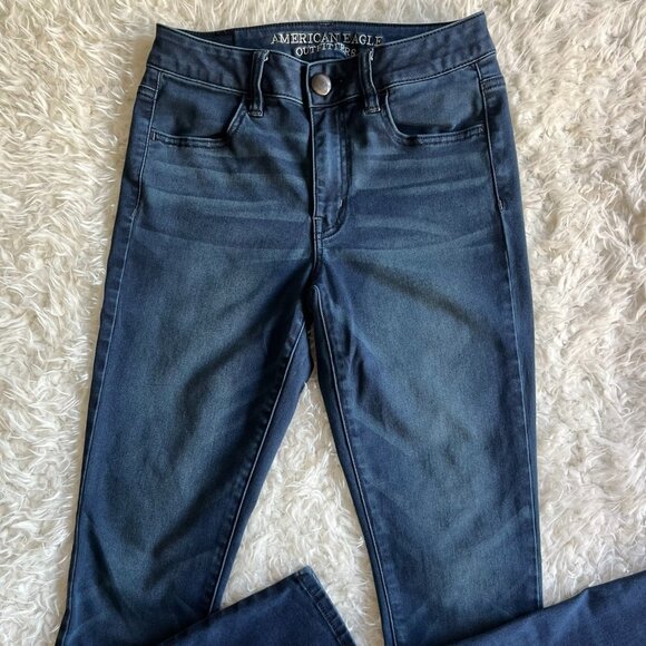 American Eagle Outfitters Super Stretch Hi-Rise Jegging Blue Dark Wash  Whiskers - Picture 1 of 5